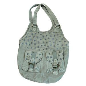 Green Canvas Tote Silver Star Print & Dual Front Buckle Pockets  Angels